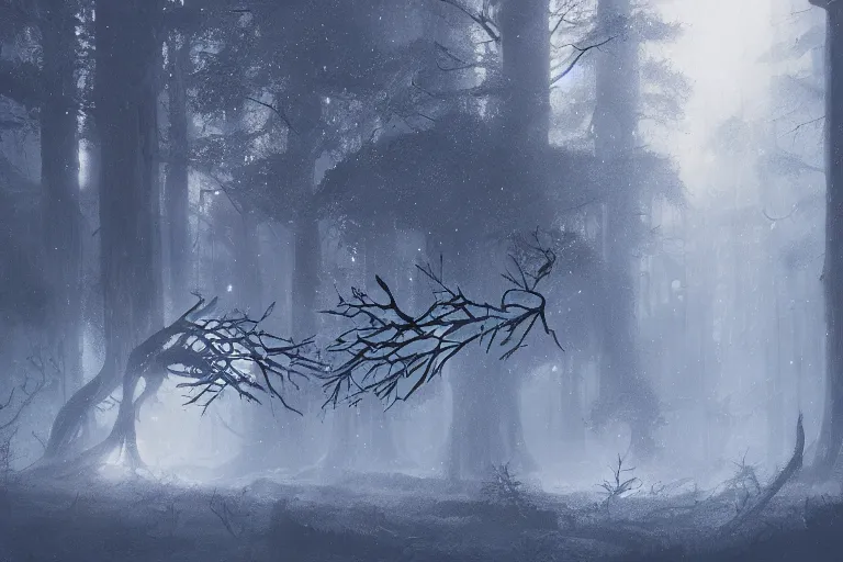 Image similar to fallen tree in a forest, winter, sci-fi, cinematic lighting, greg rutkowski