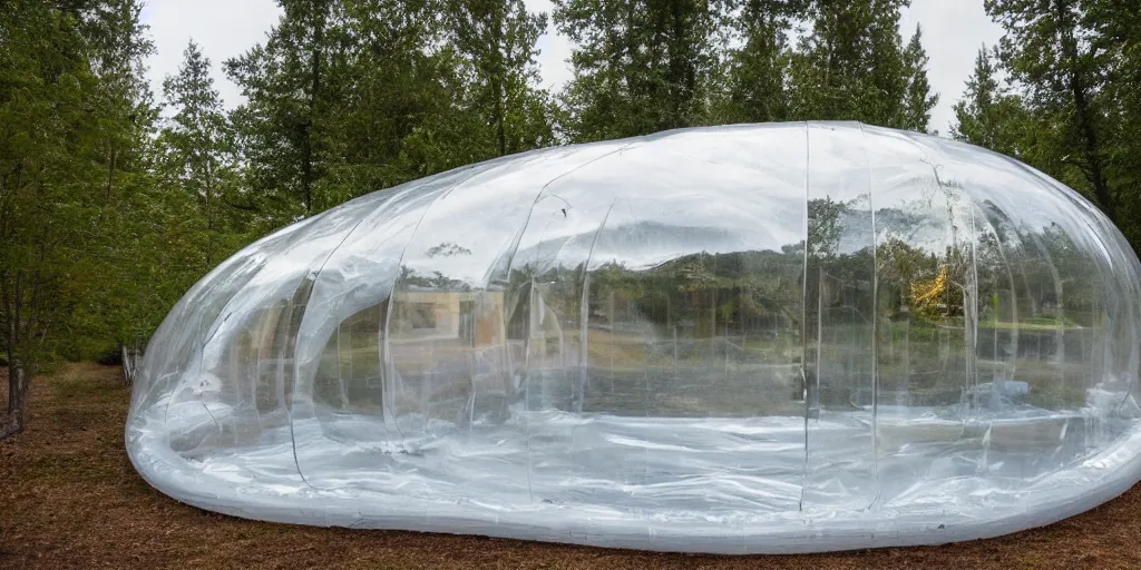 Prompt: an inflatable house made of clear plastic sheeting. The house is made of 8 inflated bubbles. The inflated house sits in a lake on the edge of a forest. ultra wide shot, coronarender, 8k, photorealistic