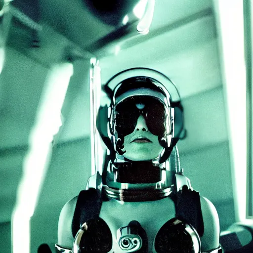 Image similar to beautiful extreme closeup portrait photo in style of 1 9 9 0 s frontiers in retrofuturism deep diving helmet fashion magazine wachowski edition, highly detailed, focus on full body mirror in foreground, soft lighting