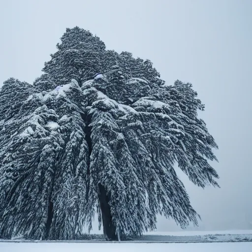 Image similar to a large, monolithic taiga tree in the artic. snowing, grainy, overcast sky.