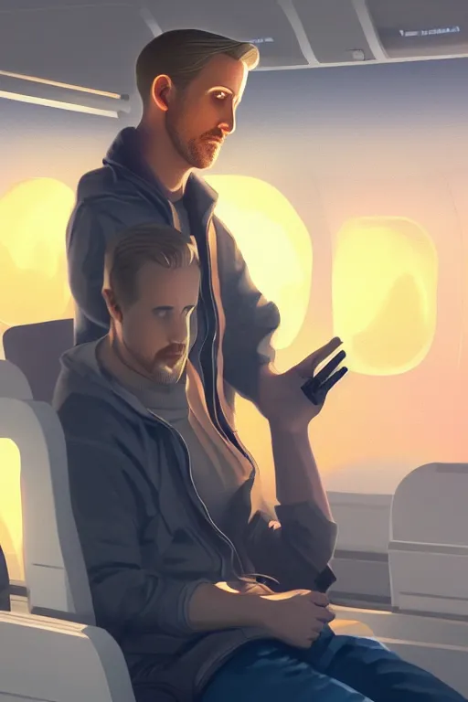 Image similar to Ryan Gosling looking a huge fire at window in airplane, ilya kuvshinov landscape, very detailed, ArtStation