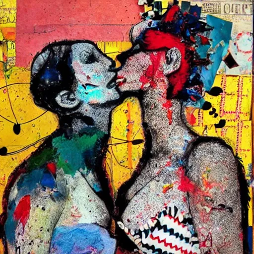 Prompt: two women kissing at a carnival in your worst nightmares, mixed media collage, retro, paper collage, magazine collage, acrylic paint splatters, bauhaus, abstract claymation, layered paper art, sapphic visual poetry expressing the utmost of desires by jackson pollock