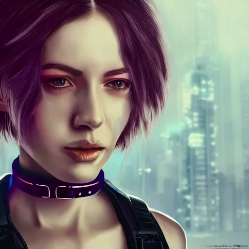 Image similar to realistic female character cyberpunk wearing technological collar around neck, realistic, art, beautiful, 4K, collar, choker, collar around neck, punk, artstation, detailed, female, woman, choker, dark, collar, choker,