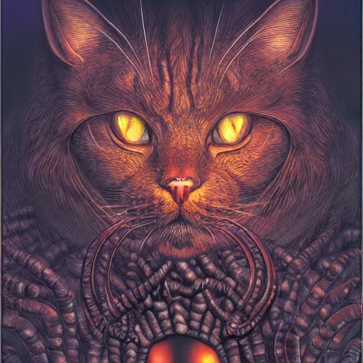 Image similar to photorealistic rendering of eldritch demon cat in the style of michael whelan, gustave dore, and stefan koidl. hyperdetailed photorealism, 1 0 8 megapixels, cinematic lighting.