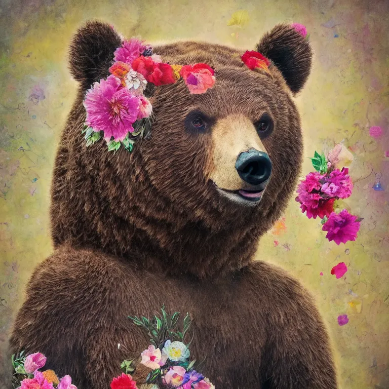 Prompt: a very artistic painting of a single bear with flowers on his head, beautiful and cute, low poly, long exposure, high quality, detailed, 8 k resolution, analytical art, art photography, moco, paris school, romanticism