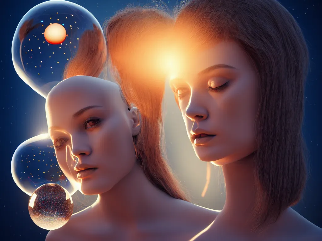 Prompt: a beautiful mannequin holding a glass ball representing the universe, brain of the future, in the style of michael cheval, 4k, trending on artstation, hyper detailed, photorealistic, volumetric lighting, octane render, dramatic