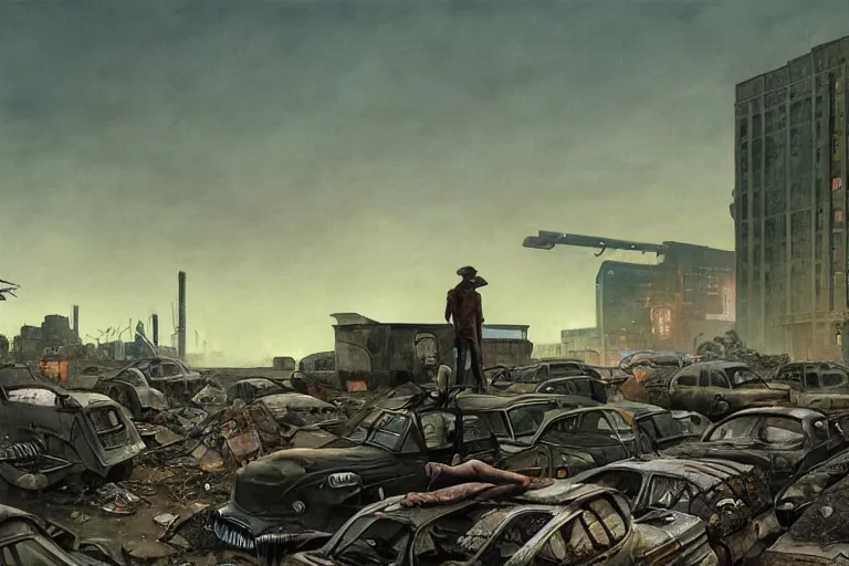 Prompt: detailed ultra - realistic graphic novel illustration of postapocalyptic junkyard by edward hopper and gregory crewdson, cinematic, muted colors, cinematic fog, full shot, george adult, carel willink, ian miller, wayne barlowe, greg rutkowski, norman rockwell