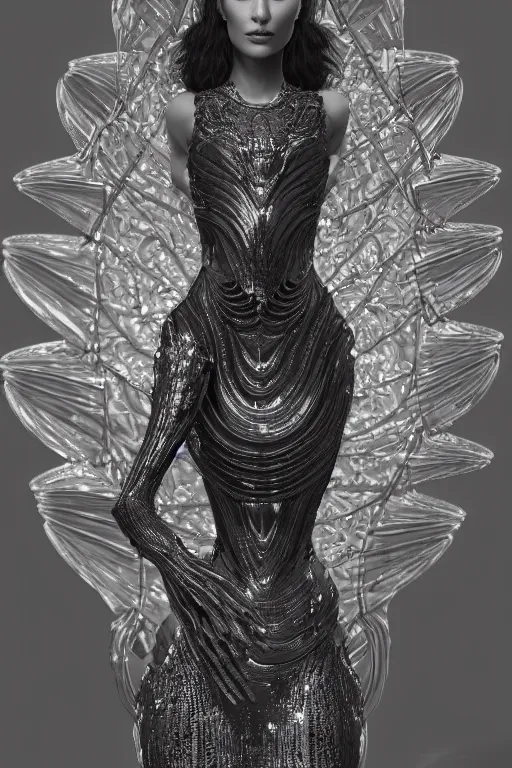 Image similar to a highly detailed 8 k render of a beautiful alien goddess bella hadid in iris van herpen dress schiaparelli in diamonds in style of alphonse mucha trending on artstation made in unreal engine 4