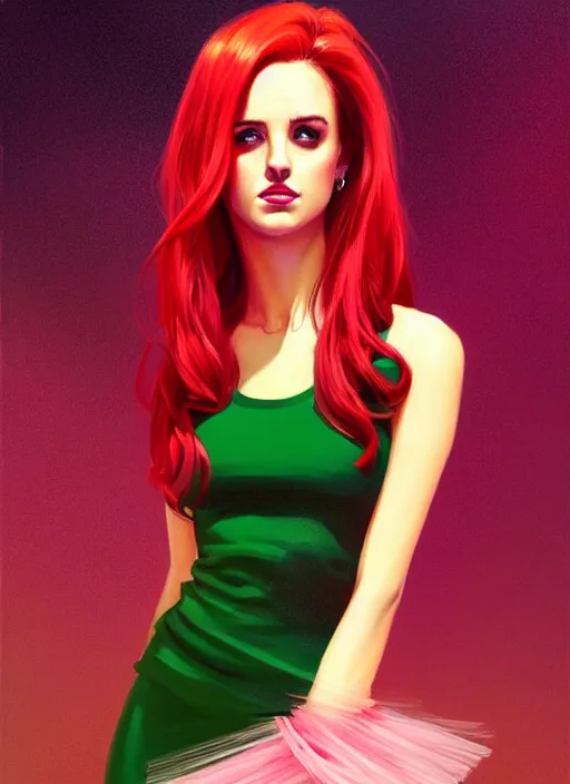 Image similar to full body portrait of teenage cheryl blossom, bangs, green eyes, sultry expression, red hair, sultry smirk, bangs and wavy hair, pink skirt, intricate, elegant, glowing lights, highly detailed, digital painting, artstation, concept art, smooth, sharp focus, illustration, art by wlop, mars ravelo and greg rutkowski