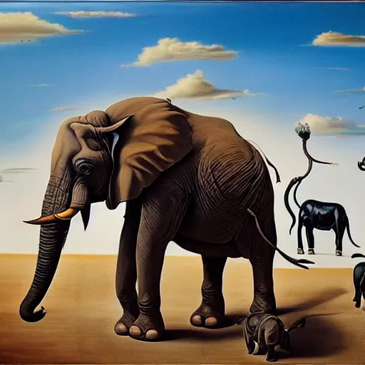Image similar to in the style of painter salvador dali circus of animals playing, Surrealism painting, hyperrealism, large elephant plays, high details, everything sharp focus, photorealism, real photo