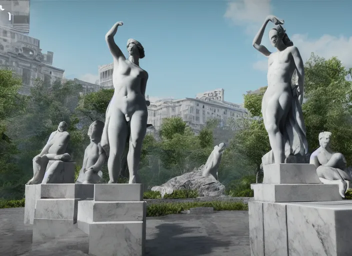 Prompt: a park with many marble statues, cinematic light, 8 k, unreal engine,