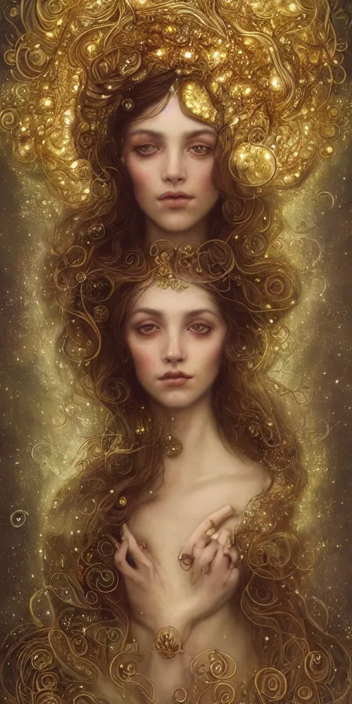 Image similar to Beautiful Delicate Detailed portrait of sun summer woman, With Magical golden eyes by Tom Bagshaw, Bastien Lecouffe Deharme, Erik Johansson, Amanda Sage, Alex Grey, Alphonse Mucha, Harry Clarke, Josephine Wall and Pino Daeni, Delicate winter frozen creature With long golden Hair and Magical Sparkling Eyes, Magic Particles; Magic Swirls, in a out of this world magical summer landscape, 4K; 64 megapixels; 8K resolution concept art; detailed painting; digital illustration; hyperrealism; trending on Artstation; Unreal Engine Photorealistic, lifelike, Unreal Engine, sharp, sharpness, detailed, 8K