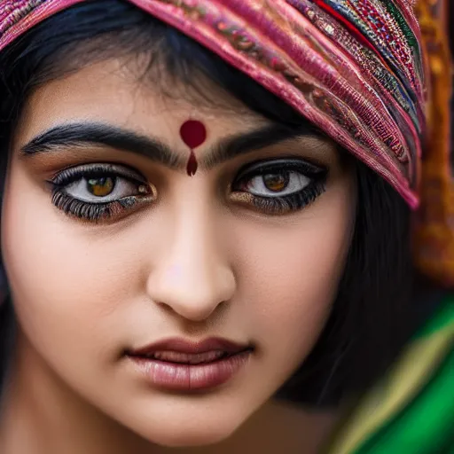 Prompt: Beautiful young Indian female face, long black hair, green eyes, fine details, photorealistic,8k, XF IQ4, 150MP, 50mm, F1.4, ISO 200, 1/160s, natural light