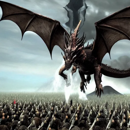 Prompt: 100 dragons in lotr style flying towards a giant active volcano,