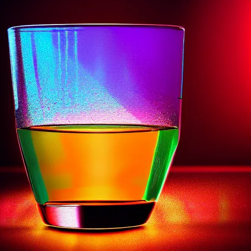 Prompt: a glass with colorful caustics shining through, realistic, award winning, detailed, 8k, HD, hyper realistic, octane render, cycles render,