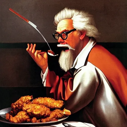 Prompt: Colonel Sanders eating fried chicken. Painted by Caravaggio, high detail