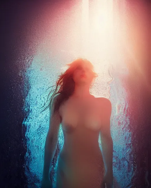 Prompt: photo portrait of woman underwater during sunrise, sunrays, wearing flowing fabric!!, caustics, rippling water, photoshoot, flowing hair, haunting, iconic, fine-art, masterpiece, trending on artstation
