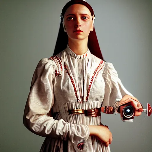 Prompt: hyperrealism photography in caravaggio style quntum computer simulation visualisation of parallel universe sit - com scene with beautiful detailed ukrainian woman wearing ukrainian traditional shirt and wearing retrofuturistic sci - fi neural interface designed by josan gonzalez. hyperrealism photo on pentax 6 7, kodak portra 4 0 0 by giorgio de chirico volumetric natural light - s 1 5 0