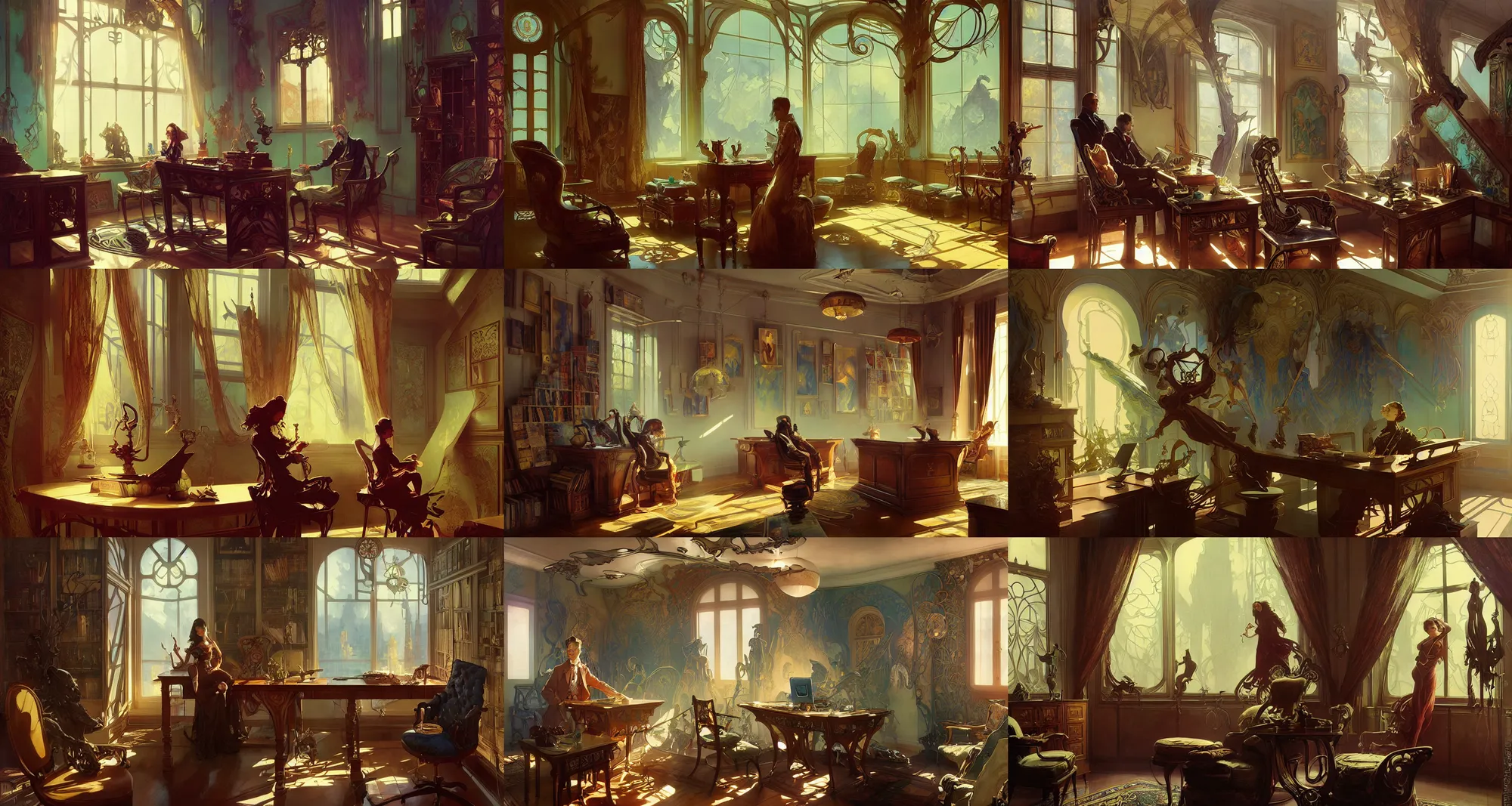 Prompt: home office interior, art nouveau, fantasy, art by joseph leyendecker, peter mohrbacher, ivan aivazovsky, ruan jia, reza afshar, marc simonetti, alphonse mucha