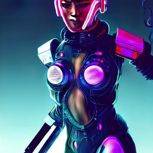 Prompt: An epic comic hyperrealistic painting of a cyber warrior girl wearing mecha cyber suit, attractive, ultradetailed face trending on artstation and artbreeder, cyberpunk 2077 color, heavy rainning at tokyo street night, neon lights all around, Matte paiting, smoke, cinematic lighting, corona render, arnold render, movie concept art, 8k, RPG portrait, Concept world, rim lights, PS5 render quality