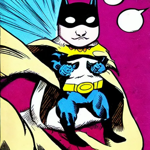 Image similar to A hamster dressed as batman, moonlight, vintage comic book style