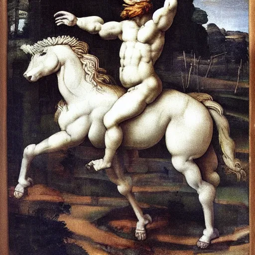 Prompt: a beautiful young centaur, painted by michelangelo