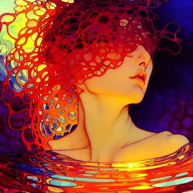 Image similar to mind bending indigo ocean waves of glossy psychedelic liquid honey flowing like kaleidoscopic translucent amber, lsd waves, honey ripples, dramatic sunset, refracted lighting, art by collier, albert aublet, krenz cushart, artem demura, alphonse mucha