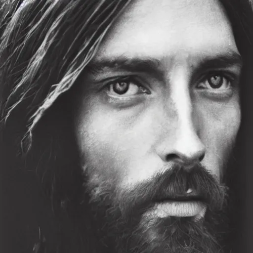 Prompt: photograph portrait of Jesus Christ, B&W, Vogue magazine, taken on 1970s kodak camera, grainy, kodak, fashionable, 4k, very realistic, hiper detailed, trending on artstation, award winning, photorealistic, studio, 35mm