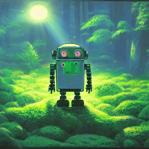 Image similar to a robot covered in moss lying in a forest, shafts of light god rays, painting by hayao miyazaki studio ghibli