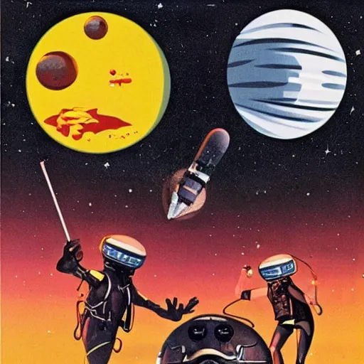 Prompt: a 1970s blaxploitation poster featuring a space pimp and foxy aliens, retroscifi