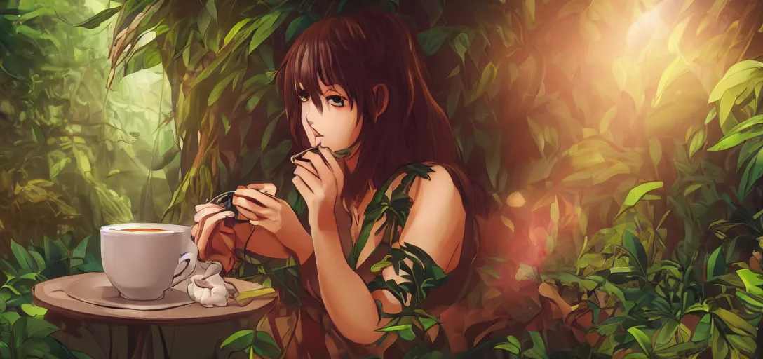 Prompt: woman drinking coffee in jungle, digital anime art, good lighting, 4 k