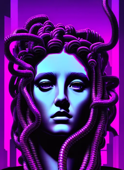 Prompt: statue of medusa, beeple, android jones, liam wong, ( ( ( ( ( dan mumford ) ) ) ) ), vaporwave, retrowave, black background, neon wiring, black, glitch, strong contrast, cuts, pinterest, trending on artstation