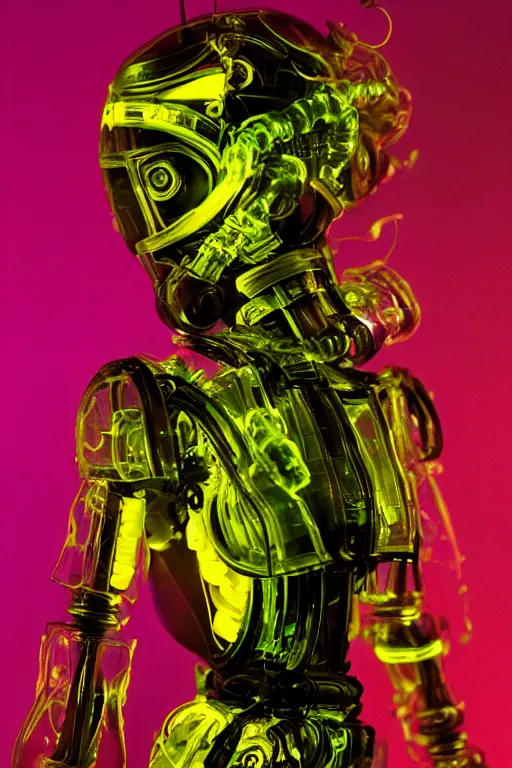 Prompt: a intricate anime figurine that looks like a transparent plastic robot with a lot of fluo colored details with yellow smoke, moody light, flemish painting