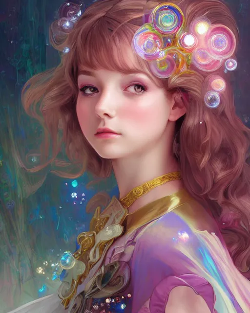 Image similar to portrait of magical lolita girl, dreamy and ethereal, expressive pose, big gold eyes, exciting expression, fantasy, intricate, elegant, many rainbow bubbles, rose tones, highly detailed, digital painting, artstation, concept art, cyberpunk wearing, smooth, sharp focus, illustration, art by artgerm and greg rutkowskiand alphonse mucha