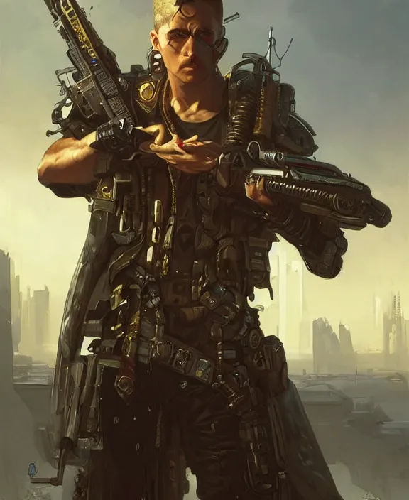 Image similar to cyberpunk mercenary with scenic background. portrait illustration. d & d, fantasy, intricate, elegant, highly detailed, digital painting, artstation, concept art, art by artgerm and greg rutkowski and alphonse mucha, boris vallejo