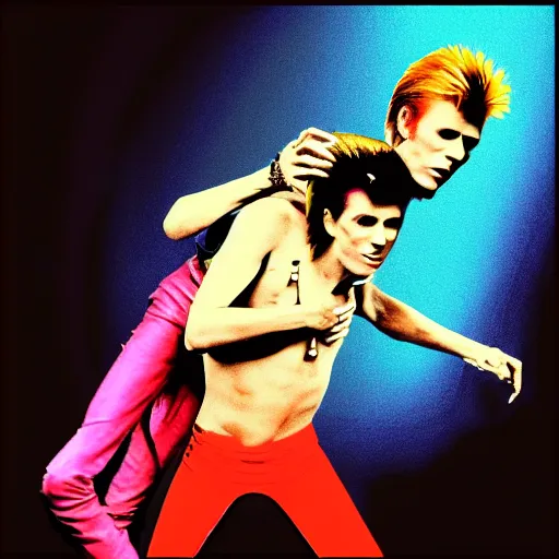 Prompt: david bowie getting a piggy back ride from ziggy stardust, digital art, glam rock. pop art background.