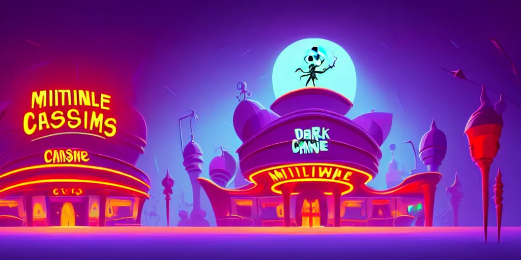 Image similar to minimalistic extreme wide angle curved perspective digital art of dark indoor casino with a stage pale colors by anton fadeev from nightmare before christmas