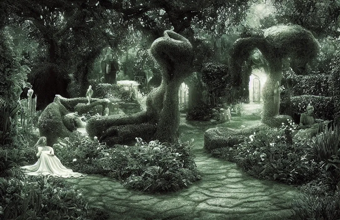 Image similar to garden idyll nostalgic fairy tale fusing a dream world of imagination with closely observed reality minuscule curls of white foam intact flawless ambrotype from 4 k criterion collection remastered cinematography gory horror film, ominous lighting, evil theme wow photo realistic postprocessing the precision of drawing makes the final effect that of a shallow relief sculpture roger deakins cinematography