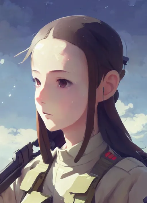 Image similar to portrait of cute soldier girl, cloudy sky background lush landscape illustration concept art anime key visual trending pixiv fanbox by wlop and greg rutkowski and makoto shinkai and studio ghibli and kyoto animation soldier clothing military gear realistic anatomy pale skin