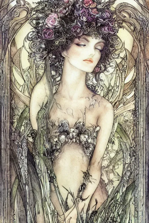 Image similar to dark fairy queen closeup face surrounded by floral frame, art by luis royo and walter crane and kay nielsen, watercolor illustration, sharp focus