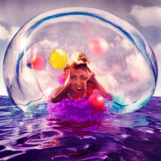 Image similar to film photography of women in a zorb ball floating in front of colourful underwater clouds by Kim Keever, low shutter speed, 35mm