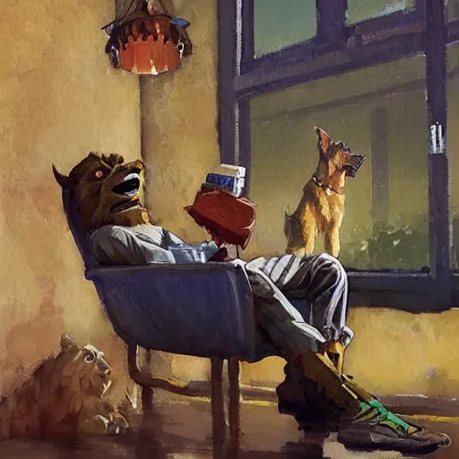 Image similar to a humanoid german shepherd beast - man, sitting and watching a soccer match in his house on television, he has hurt his knee and is a dad, by erin hanson, alexi zaitsev, karl spitzweg, award winning, tv set