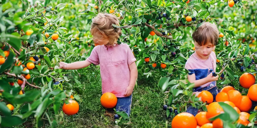 Image similar to a small child picking blueberries in a field growing an orange tree with red, green and yellow oranges hanging on it, on a bright and sunny morning