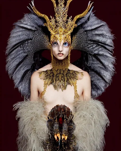 Image similar to a fantasy owl queen, beauty portrait, opulent costume inspired by iris van herpen