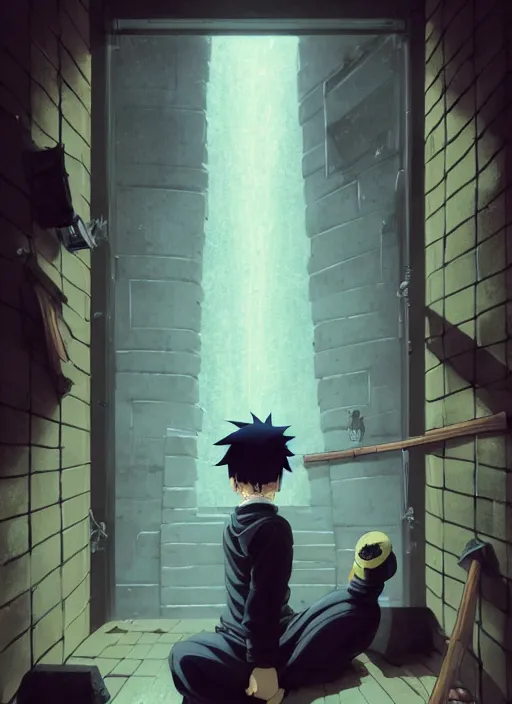 Image similar to highly detailed prison cell with naruto uzumaki with black hair, metal bars in window, powerfully hitting a wall, art by greg rutkowski, loish, rhads, ferdinand knab, makoto shinkai and lois van baarle, ilya kuvshinov, rossdraws, tom bagshaw, global illumination, radiant light, detailed and intricate environment