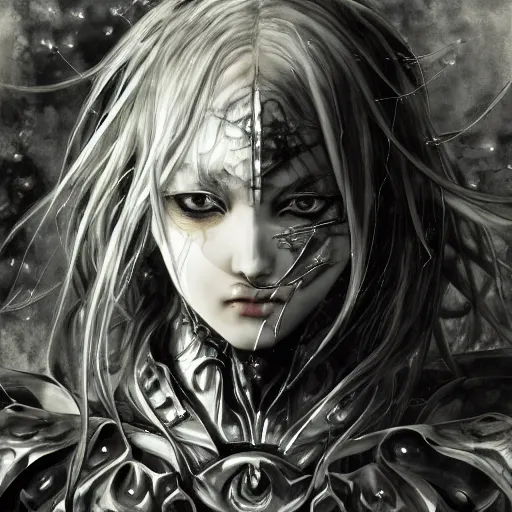 Image similar to Yoshitaka Amano realistic illustration of an anime girl with wavy white hair and cracks on her face wearing Elden ring armour with the cape fluttering in the wind, abstract black and white patterns on the background, noisy film grain effect, highly detailed, Renaissance oil painting, weird portrait angle