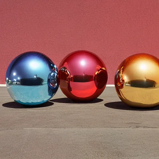 Prompt: chrome spheres on a red cube, golden hour