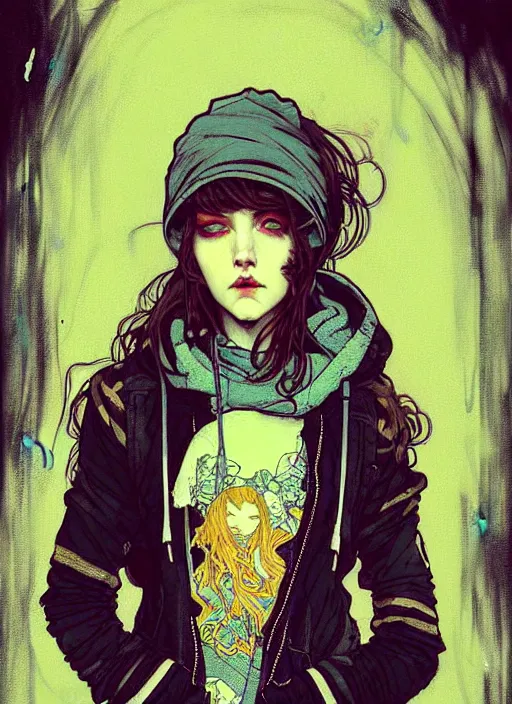 Prompt: highly detailed portrait of a moody sewerpunk young adult lady with a tartan hoody by krenz cushart, by artem demura, by alphonse mucha, by kaethe butcher, gradient yellow, black, brown and cyan color scheme, grunge aesthetic!!! ( ( graffiti tag city background ) )