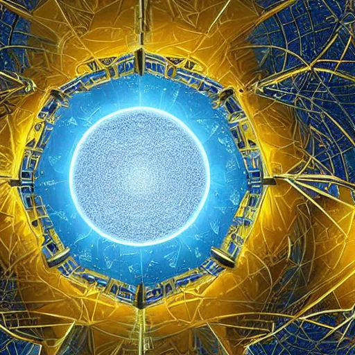 Image similar to a giant blue star inside a golden artificial megastructure, highly detailed artwork, cgi