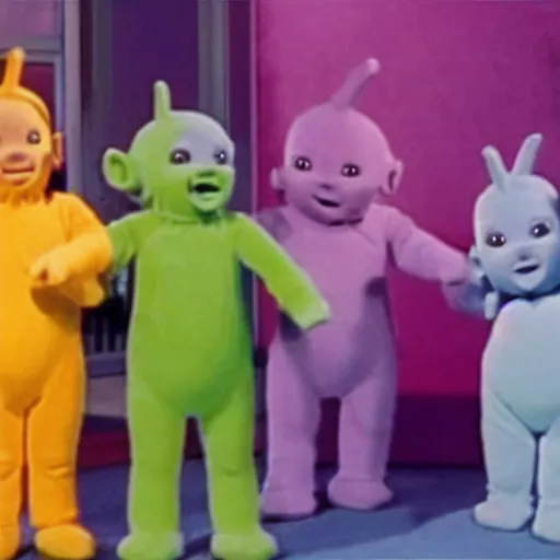 Image similar to teletubbies from the tv shaking hand with the slender man, as seen on tv